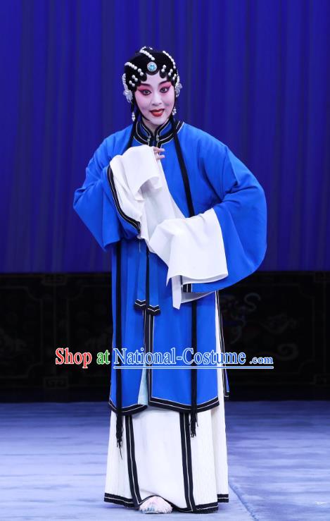 Chinese Beijing Opera Poor Woman Apparels Costumes and Headdress The Unicorn Purse Traditional Peking Opera Tsing Yi Blue Dress Han Xiangling Garment