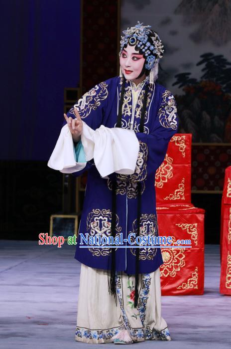 Chinese Beijing Opera Hua Tan Zhao Shouzhen Apparels Costumes and Headdress The Unicorn Purse Traditional Peking Opera Actress Blue Dress Diva Garment