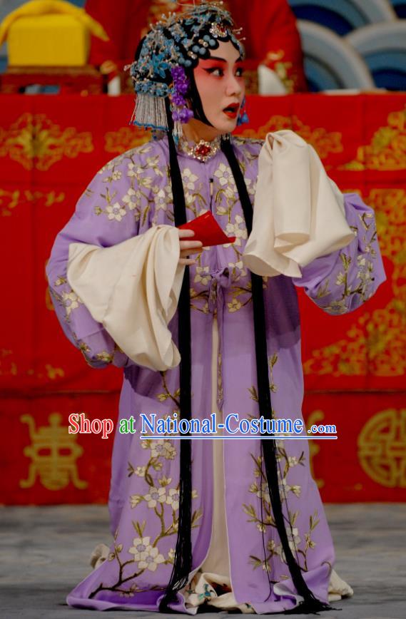 Chinese Beijing Opera Young Female Apparels Costumes and Headdress Chen Sanliang Pa Tang Traditional Peking Opera Hua Tan Purple Dress Diva Li Shuping Garment