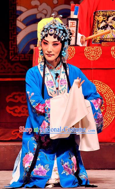 Chinese Beijing Opera Actress Apparels Costumes and Headdress Chen Sanliang Pa Tang Traditional Peking Opera Diva Blue Dress Courtesan Li Shuping Garment