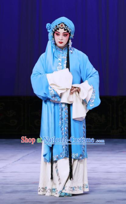 Chinese Beijing Opera Distress Maiden Apparels Costumes and Headdress The Unicorn Purse Traditional Peking Opera Tsing Yi Blue Dress Diva Garment