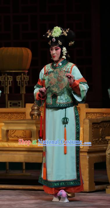 Chinese Beijing Opera Palace Lady Apparels Costumes and Headpieces Kangxi Dadi Traditional Peking Opera Court Maid Green Dress Garment