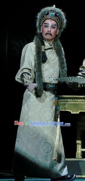 Kangxi Dadi Chinese Peking Opera Tribal Chief Garment Costumes and Headwear Beijing Opera King Ge Er Dan Apparels Clothing