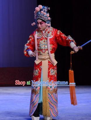 Chu Palace Hen Chinese Peking Opera Martial Male Garment Costumes and Headwear Beijing Opera Crown Prince Jian Red Apparels Clothing