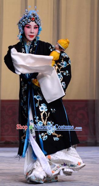 Chinese Beijing Opera Hua Tan Ma Zhaoyi Apparels Costumes and Headdress Chu Palace Hen Traditional Peking Opera Distress Maiden Black Dress Garment