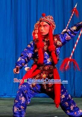 Qing Shi Mountain Chinese Peking Opera Soldier Garment Costumes and Headwear Beijing Opera Wusheng Apparels Martial Male Blue Clothing