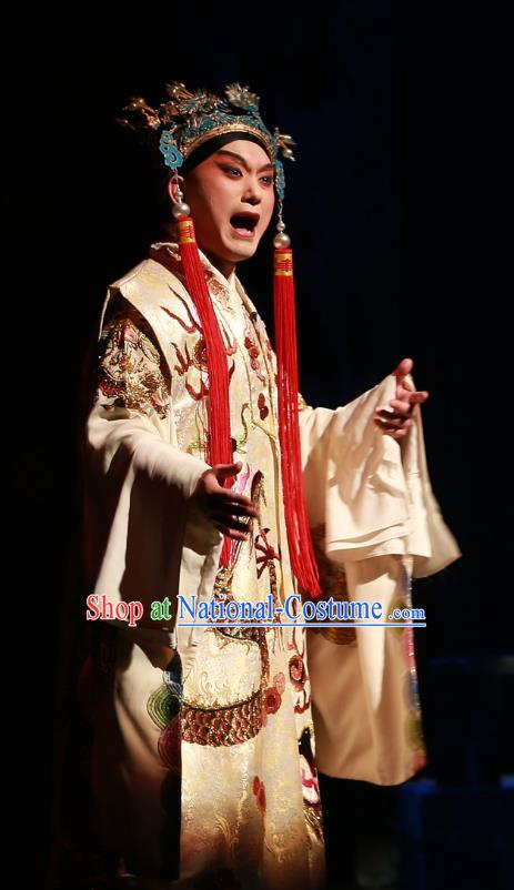 Zhen Guan Flourishing Age Chinese Peking Opera Xiaosheng Garment Costumes and Headwear Beijing Opera Apparels Clothing Emperor Li Shimin Embroidered Robe