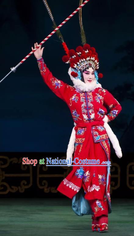 Chinese Beijing Opera Blues Apparels Costumes and Headdress Qing Shi Mountain Traditional Peking Opera Martial Female Red Dress Garment