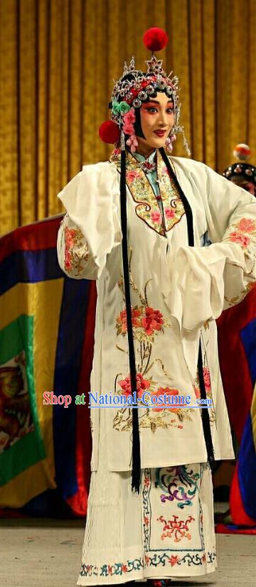 Chinese Beijing Opera Hua Tan Apparels Costumes and Headdress Qing Shi Mountain Traditional Peking Opera Actress Fox Fairy White Dress Garment