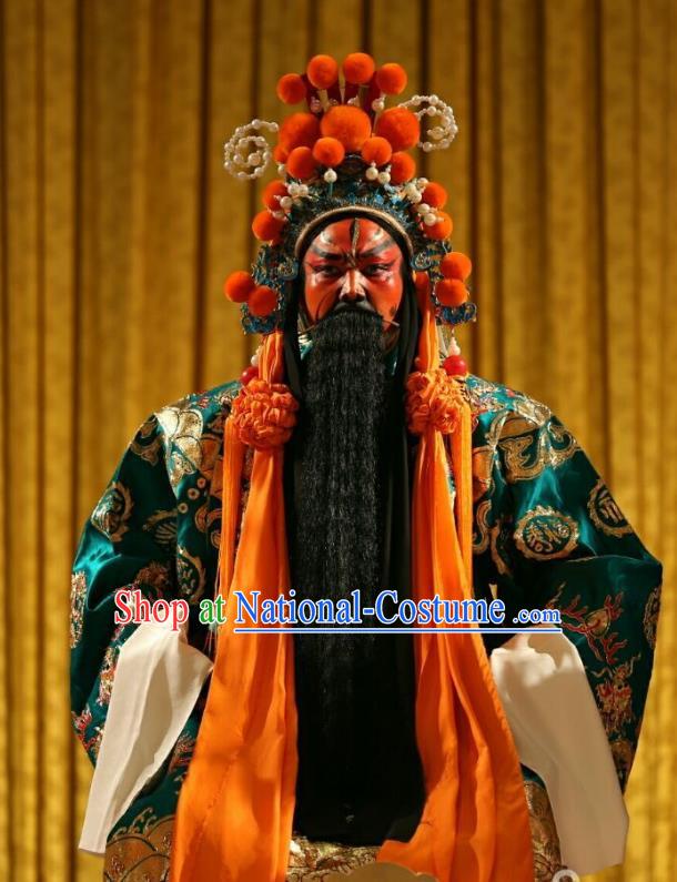 Qing Shi Mountain Chinese Peking Opera Elderly Male Garment Costumes and Headwear Beijing Opera General Guan Yu Apparels Clothing