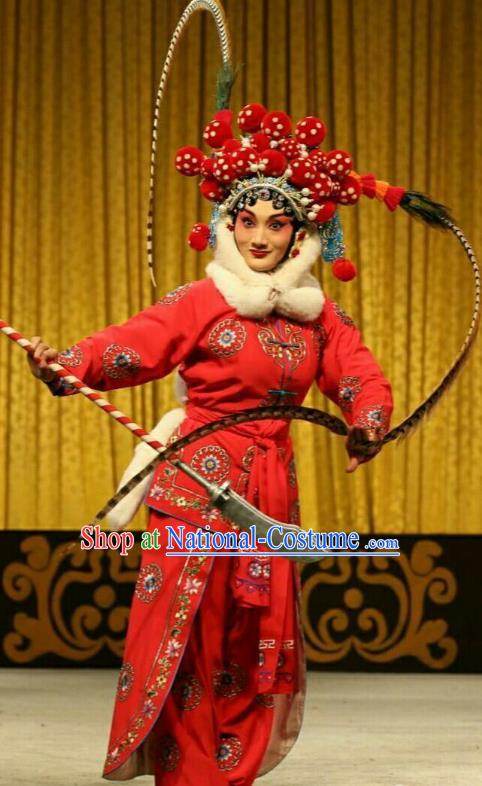 Chinese Beijing Opera Blues Apparels Costumes and Headdress Qing Shi Mountain Traditional Peking Opera Tao Ma Tan Red Dress Actress Garment