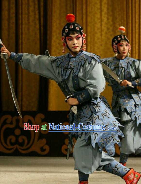 Chinese Beijing Opera Female Swordsman Apparels Costumes and Headdress Qing Shi Mountain Traditional Peking Opera Martial Girl Dress Garment