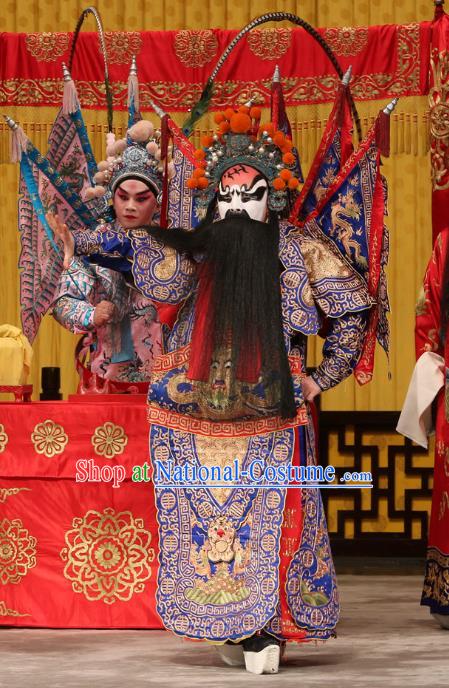 A Honey Trap Chinese Peking Opera Wusheng Kao Garment Costumes and Headwear Beijing Opera Apparels Martial Man Clothing General Blue Armor Suit with Flags