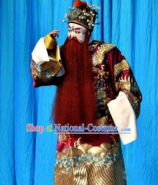 A Honey Trap Chinese Peking Opera King Garment Costumes and Headwear Beijing Opera Apparels Elderly Male Emperor Sun Quan Clothing