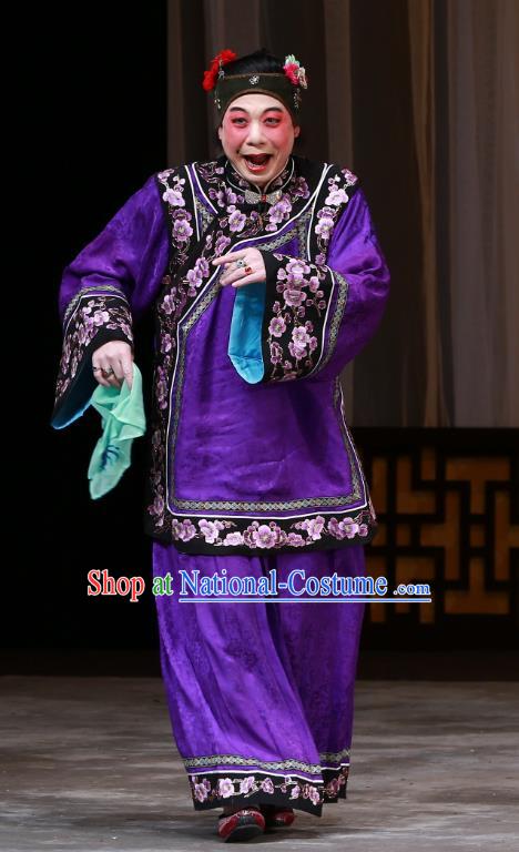 Chinese Beijing Opera Woman Matchmaker Apparels Costumes and Headdress The Mirror of Fortune Traditional Peking Opera Elderly Female Purple Dress Garment