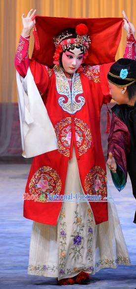 Chinese Beijing Opera Bride Red Apparels Costumes and Headpieces Xin An Yi Traditional Peking Opera Diva Zhou Fengying Dress Wedding Garment