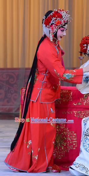 Chinese Beijing Opera Actress Zhou Fengying Apparels Costumes and Headpieces Xin An Yi Traditional Peking Opera Hua Tan Red Dress Bride Garment