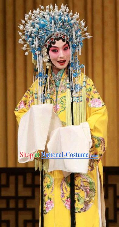 Chinese Beijing Opera Actress Diva Apparels Costumes and Headdress Princess Yinping Traditional Peking Opera Hua Tan Yellow Dress Garment