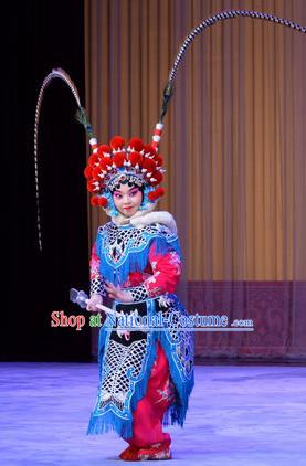 Chinese Beijing Opera Wudan Fairy Fox Apparels Costumes and Headdress Qing Shi Mountain Traditional Peking Opera Martial Female Dress Armor Garment