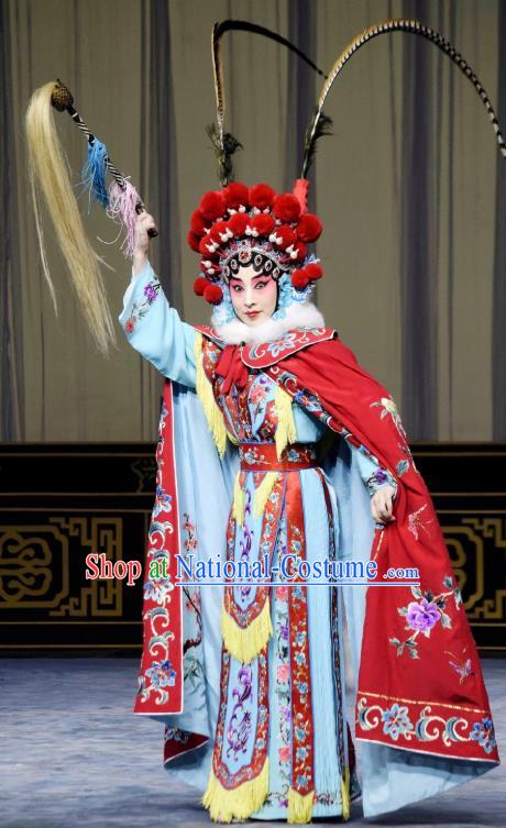 Chinese Beijing Opera Tao Ma Tan Fairy Fox Apparels Costumes and Headdress Qing Shi Mountain Traditional Peking Opera Blues Dress Garment