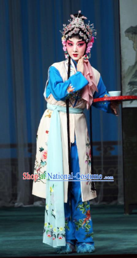 Chinese Beijing Opera Young Lady Apparels Costumes and Headdress The Mirror of Fortune Traditional Peking Opera Xiaodan Dress Maidservant Shou Chun Garment