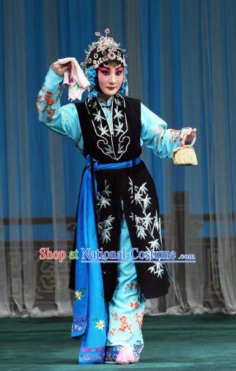 Chinese Beijing Opera Young Lady Apparels Maidservant Shou Chun Costumes and Headdress The Mirror of Fortune Traditional Peking Opera Xiaodan Dress Garment