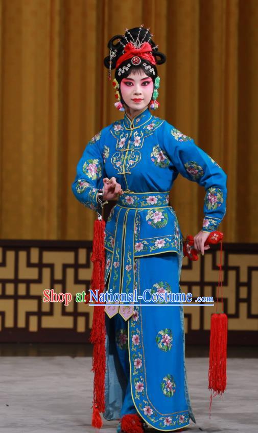 Chinese Beijing Opera Wu Dan Apparels Costumes and Headdress Traditional Peking Opera Princess Shuangyang Dress Martial Female Blue Garment