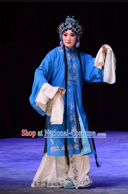 Chinese Beijing Opera Tsing Yi Blue Apparels Costumes and Headdress Tears of Wasted Mountain Traditional Peking Opera Distress Maiden Zhang Huizhu Dress Garment