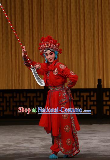 Chinese Beijing Opera Martial Female Apparels Costumes and Headdress Hongqiao with the Pearl Traditional Peking Opera Swordswoman Red Dress Garment