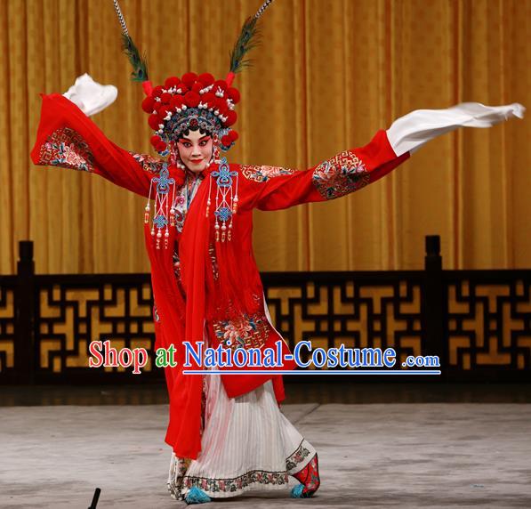 Chinese Beijing Opera Bride Apparels Costumes and Headdress Hongqiao with the Pearl Traditional Peking Opera Hua Tan Red Dress Fairy Ling Bo Garment