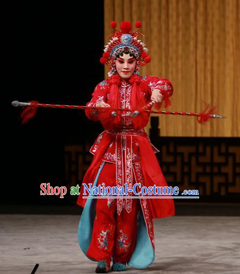 Chinese Beijing Opera Female Swordsman Apparels Costumes and Headdress Hongqiao with the Pearl Traditional Peking Opera Martial Lady Ling Bo Red Dress Garment