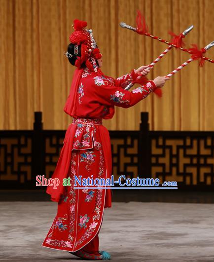 Chinese Beijing Opera Female Swordsman Apparels Costumes and Headdress Hongqiao with the Pearl Traditional Peking Opera Martial Lady Ling Bo Red Dress Garment