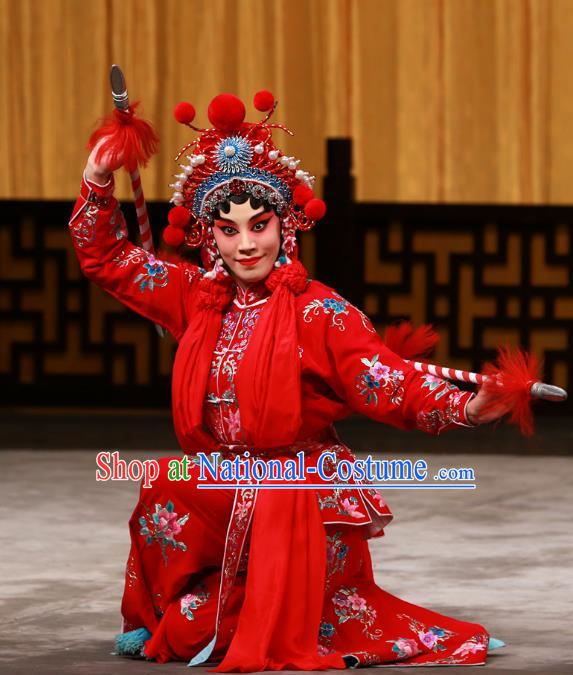 Chinese Beijing Opera Female Swordsman Apparels Costumes and Headdress Hongqiao with the Pearl Traditional Peking Opera Martial Lady Ling Bo Red Dress Garment