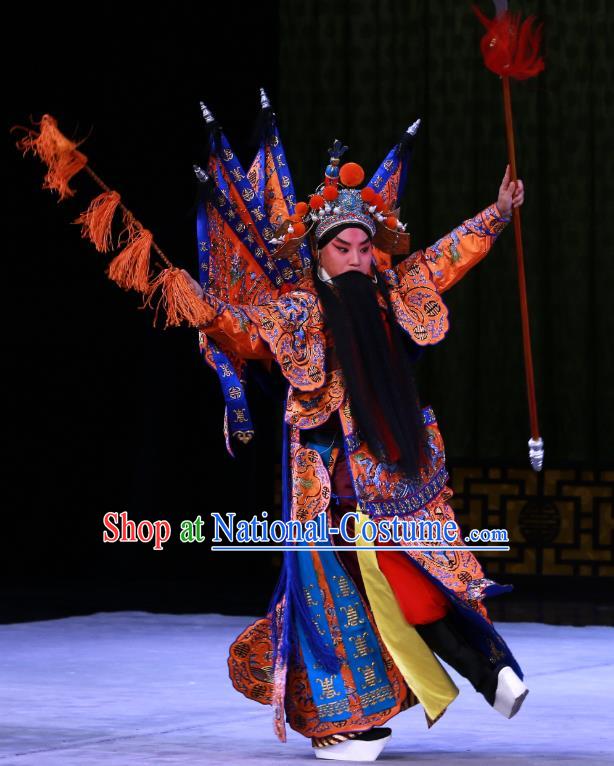 Kirin Pavilion Chinese Peking Opera General Armor Garment Costumes and Headwear Beijing Opera Kao Suit with Flags Apparels Clothing