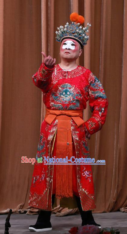 Fa Men Temple Chinese Peking Opera Chou Garment Costumes and Headwear Beijing Opera Clown Red Apparels Clothing