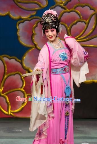 Chinese Beijing Opera Princess Apparels Young Lady Costumes and Headdress Luo Yang Gong Traditional Peking Opera Actress Pink Dress Garment