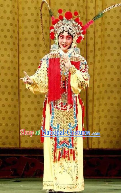 Chinese Beijing Opera Martial Female Infanta Chai Apparels Costumes and Headdress Number One Scholar Matchmaker Traditional Peking Opera Wu Dan Dress Garment