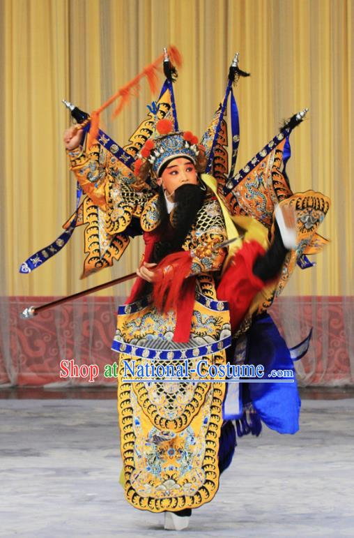 Kirin Pavilion Chinese Peking Opera General Armor Garment Costumes and Headwear Beijing Opera Takefu Apparels Kao Suit with Flags Clothing