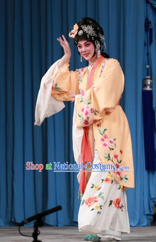 Chinese Beijing Opera Hua Tan Yan Xijiao Apparels Costumes and Headdress Wu Long Yuan Traditional Peking Opera Actress Dress Young Female Garment