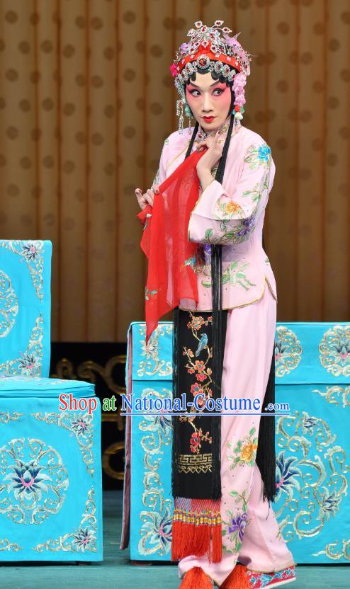 Chinese Beijing Opera Young Lady Pink Apparels Costumes and Headdress Wu Long Yuan Traditional Peking Opera Consort Yan Xijiao Dress Actress Garment