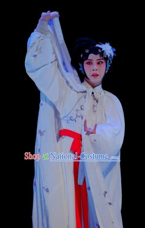 Chinese Beijing Opera Tsing Yi Yan Xijiao Apparels Young Female Costumes and Headdress Wu Long Yuan Traditional Peking Opera Actress White Dress Garment