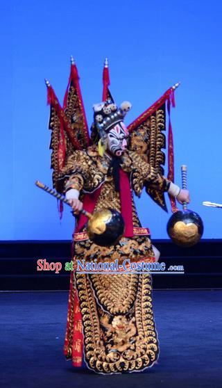 Ba Da Chui Chinese Peking Opera General Armor Garment Costumes and Headwear Beijing Opera Martial Male Apparels Takefu Yan Chengfang Kao with Flags Clothing