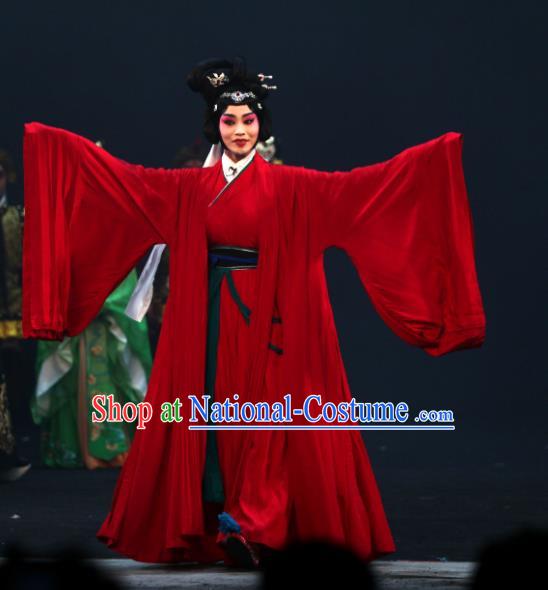 Chinese Beijing Opera Hua Tan Red Apparels Young Female Costumes and Headdress Da Meng Chang Ge Traditional Peking Opera Huadan Dress Diva Jiang Yan Garment