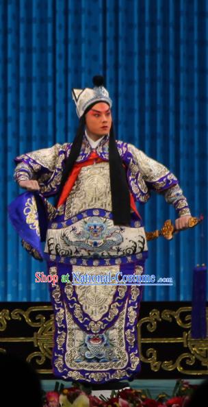 Qun Jie Hua Chinese Peking Opera Young General Zhao Yun Garment Costumes and Headwear Beijing Opera Military Officer Apparels Martial Male Armor Clothing