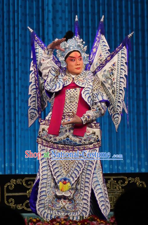 Qun Jie Hua Chinese Peking Opera General Garment Costumes and Headwear Beijing Opera Military Officer Zhou Yu Apparels Kao Armor Suit with Flags Clothing