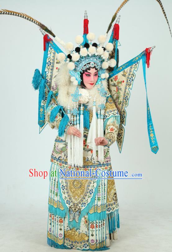 Chinese Beijing Opera Tao Ma Tan Apparels Costumes and Headdress Bai Hua Zeng Jian Traditional Peking Opera Blues Dress Princess Garment Kao Armor Suit with Flags