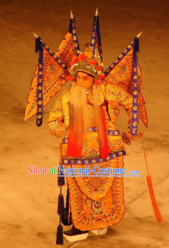 Imperial Concubine Mei Chinese Peking Opera General Guo Ziyi Armor Suit Garment Costumes and Headwear Beijing Opera Apparels Elderly Male Kao Suit Clothing with Flags