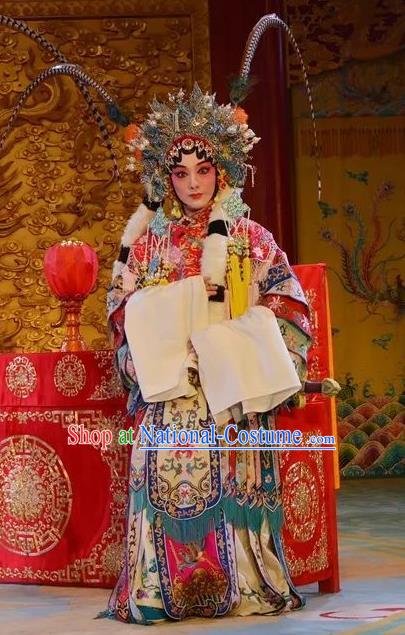 Chinese Beijing Opera Princess Apparels Costumes and Headdress Bai Hua Zeng Jian Traditional Peking Opera Martial Female Dress Hua Tan Garment