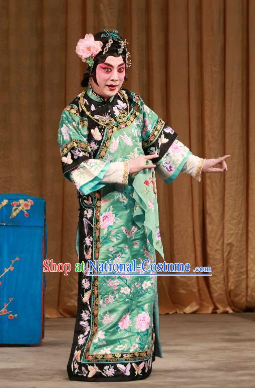 Chinese Beijing Opera Apparels Qing Dynasty Costumes and Headdress Mei Yu Pei Traditional Peking Opera Young Female Green Dress Actress Han Cuizhu Garment