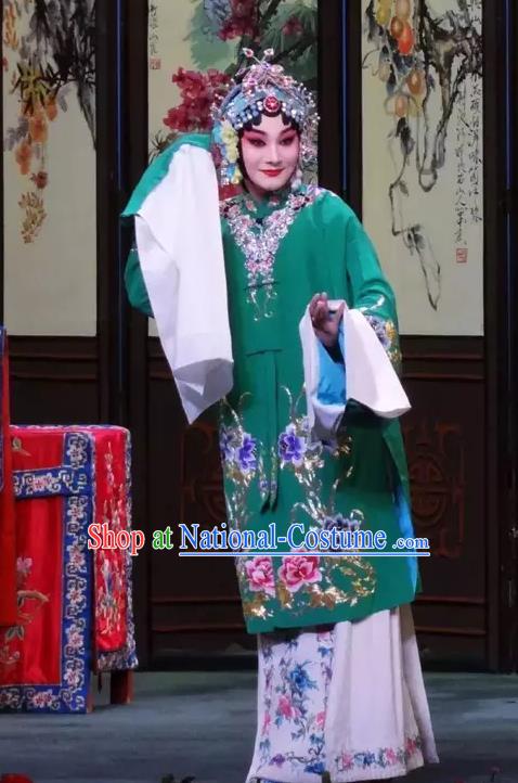 Chinese Beijing Opera Diva Wang Zhaojun Young Female Apparels Costumes and Headdress Han Ming Fei Traditional Peking Opera Hua Tan Green Dress Actress Garment